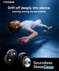 Person floating in blue background wearing Pro Sleep Ear Plugs With Nano Silicone Noise Filtering, image of ear plugs below