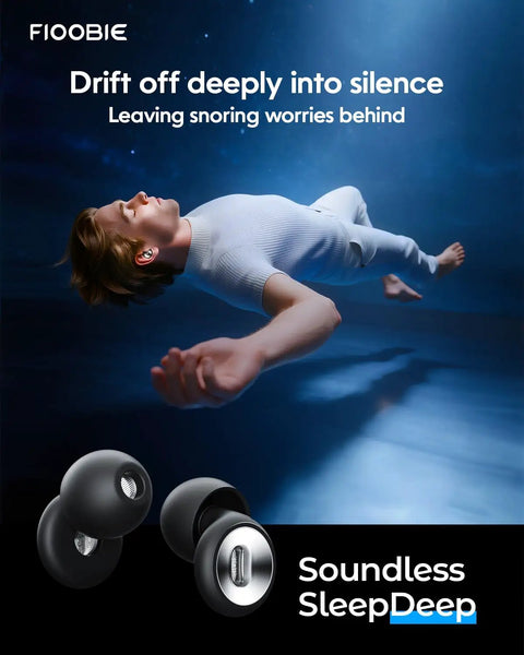 Person floating in blue background wearing Pro Sleep Ear Plugs With Nano Silicone Noise Filtering, image of ear plugs below