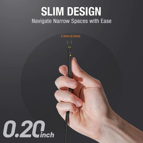 5mm Dual Lens Endoscope With Light For Auto Repair And Home Diagnostics, 5ft Borescope Camera With LED Illumination, Micro Inspection Scope For Checking Cylinders, Tight Spaces, Pipes, And Behind Walls. 5mm slim probe in hand
