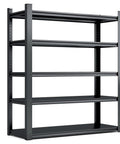 Pro Grade Five Tier Adjustable Metal Storage Shelves Badass Garage Organizers Rock Solid Tool Rack, sturdy black metal frame.