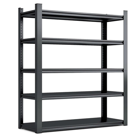 Pro Grade Five Tier Adjustable Metal Storage Shelves Badass Garage Organizers Rock Solid Tool Rack, sturdy black metal frame.