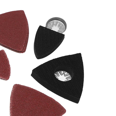 Heavy Duty Oscillating Tool Sanding Kit With Triangular Finger Pads And 100 Sandpaper Sheets featuring various grit pads.