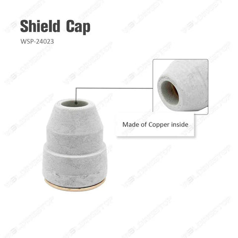 Shield cap for 34 Piece Plasma Cutter Consumables Kit For LC40 Torch And Tomahawk 625, featuring copper interior.