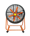 Heavy Duty Industrial Circulator Fan With 85Cm Steel Blades And 500W Motor For Straight Shot Warehouse Ventilation And No Sweat Barn Cooling Featuring Tough Rolling Wheels, 85cm fan with orange blades.
