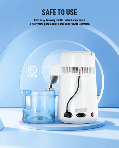 Zero Sweat 1.1 Gallon Water Distiller Smooth Countertop Pure Water Maker featuring 750W fast processing and safe operation components.
