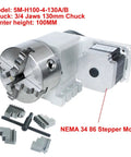 Heavy Duty 4th Axis Rotary Table With Nema34 86 Stepper Motor And Four Jaw Chuck for precision machining, 100mm center height.