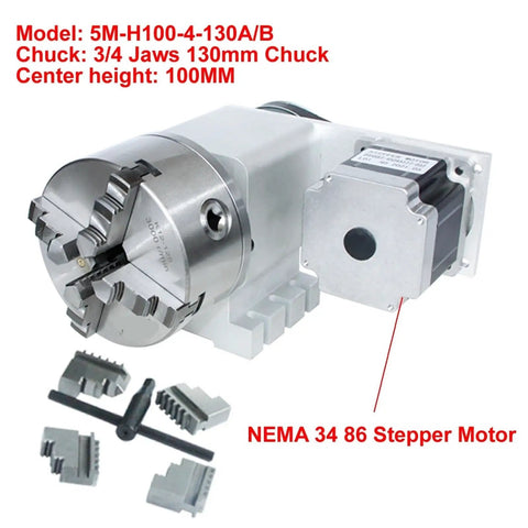 Heavy Duty 4th Axis Rotary Table With Nema34 86 Stepper Motor And Four Jaw Chuck for precision machining, 100mm center height.
