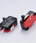 6 Pack Micro Limit Switches With Short Hinge Roller Lever Arm, SPDT 1NO 1NC, Push Button Actuator, For Arduino Projects, Model V-155-1C25, 4 X 2.3 X 1.1 Cm, DC 0.6A125V And 0.3A250V, Red Black Silver, angled side view
