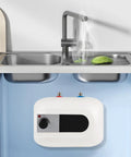 Slick Electric Mini-Tank Water Heater with Totally Sick Instant Hot Water on Tap for a Badass Under Sink Flex in Any Kitchen or Bathroom Setup featuring steaming hot water in sink.