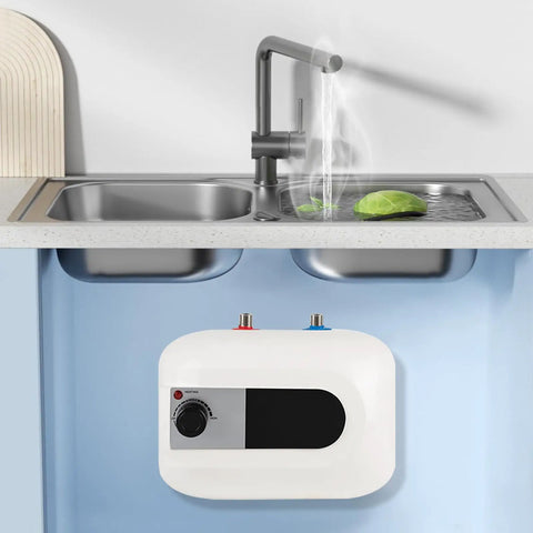 Slick Electric Mini-Tank Water Heater with Totally Sick Instant Hot Water on Tap for a Badass Under Sink Flex in Any Kitchen or Bathroom Setup featuring steaming hot water in sink.