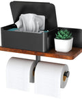 Toilet Paper Holder With Shelf Dual Roll And Wipes Dispenser For Bathroom Wall Mounted Storage Black Metal And Solid Wood Aromatherapy Phone Shelf For Spa Like Ambiance