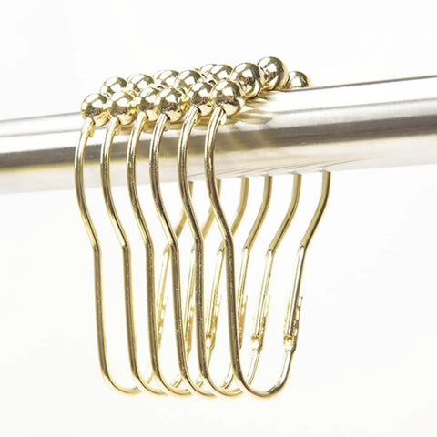 Gold Stainless Steel Shower Curtain Hooks Set Of 24 With 5 Bead Rollerball Design on metal rod