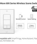 800 Series Z Wave Scene Controller With Four Buttons, Z Wave Plus Wall Switch Remote shown with compatibility details