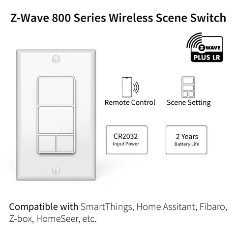 800 Series Z Wave Scene Controller With Four Buttons, Z Wave Plus Wall Switch Remote shown with compatibility details