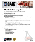 Product sheet for CAIG Rosin Soldering Flux, highlighting key features and specifications for electronics soldering applications.