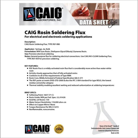 Product sheet for CAIG Rosin Soldering Flux, highlighting key features and specifications for electronics soldering applications.