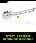 Side view of chrome-plated CR-V steel flare-nut wrench with a 15-degree offset.