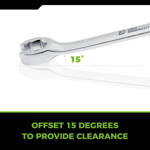 Side view of chrome-plated CR-V steel flare-nut wrench with a 15-degree offset.