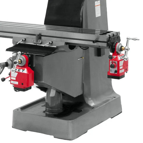 Close-up of Beefy 3 Axis DP700 DRO Milling Machine With Quill, X And Y Axis Power Feeds, showing chromed quill and controls.