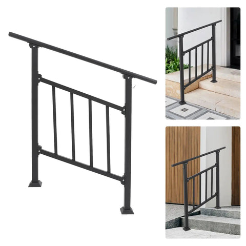Hella Durable Heavy Duty Steel Stairway Railing With Protective Fence Gate For 3 Step Outside Deck And Patio in black finish.