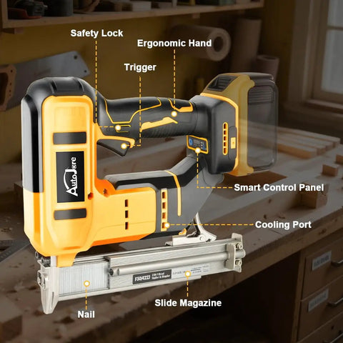 Smooth Operator 18 Gauge Cordless Brad Nailer And Stapler Brushless Design with ergonomic handle and smart control panel.