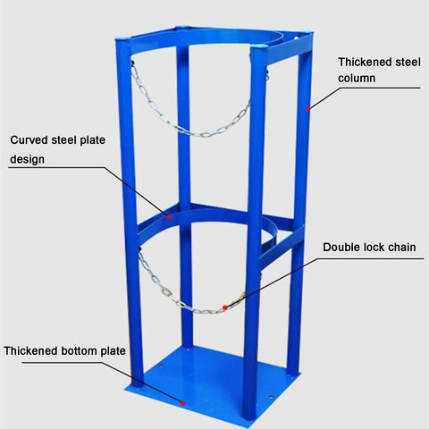 Heavy Duty Gas Cylinder Holder Stand Built Tough Steel Storage Rack for Oxygen and CO2 Tanks, blue frame with chain