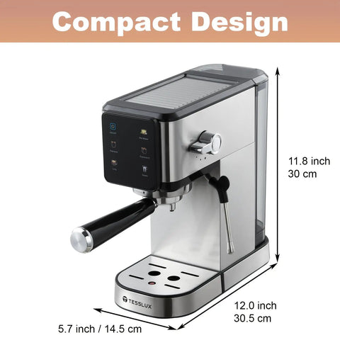 Kick Up Your Coffee Game With This Slick Dual Boiler Espresso Machine Featuring 20 Bar Pressure, compact design and touch panel.