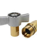 3/4 in NPT wet-line wing-nut hydraulic quick-disconnect coupling set with brass fittings and silver wing nut, front view