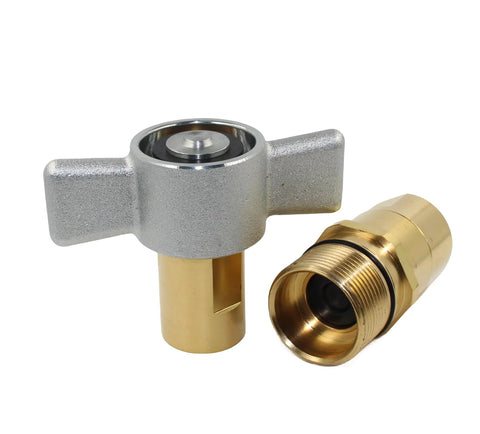 3/4 in NPT wet-line wing-nut hydraulic quick-disconnect coupling set with brass fittings and silver wing nut, front view