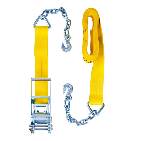 Beefy Heavy Duty 3 Inch By 30 Foot Ratchet Tie Down With Chain End And Grab Hook, 5,000 Lb Working Load Limit And 15,000 Lb Break Strength