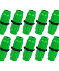 Top Notch Casendy Expandable Garden Hose Repair Kit With 10 Dual-Channel Female Male Plastic Connectors For 3/4 And 5/8 Inch Hoses Leaking No More Watertight Design Keeps Strong Water Pressure. Ten green ABS hose connectors on white background