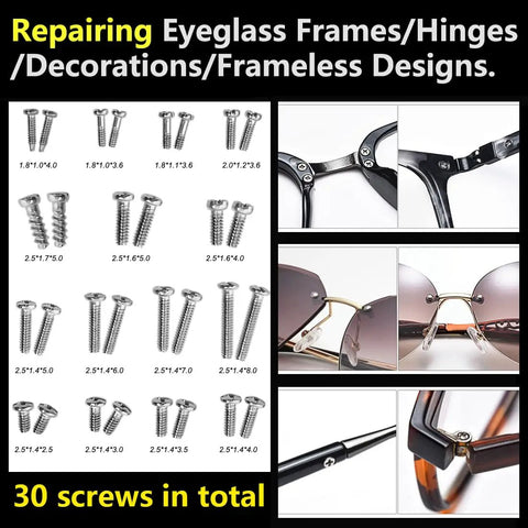 Hella Reliable Eyeglass Repair Kit Featuring Tough S2 Steel Screwdriver With Fifteen Precision Frame Screws For Quick At Home Fixes On Glasses Bifocals And Sunglasses with various screws and sunglasses frames.