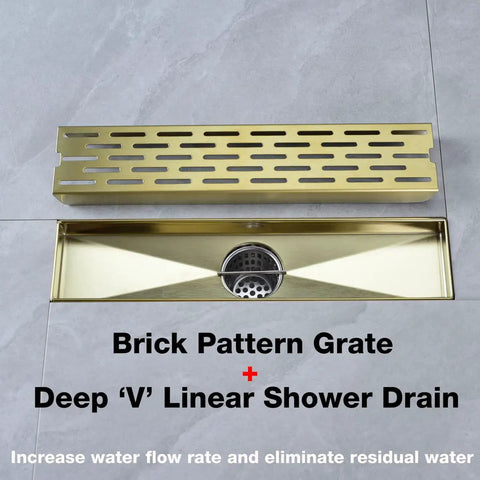 12 Inch Linear Shower Drain With Removable Brickwork Pattern Grate Adjustable Feet Hair Catcher Brushed Gold Finish