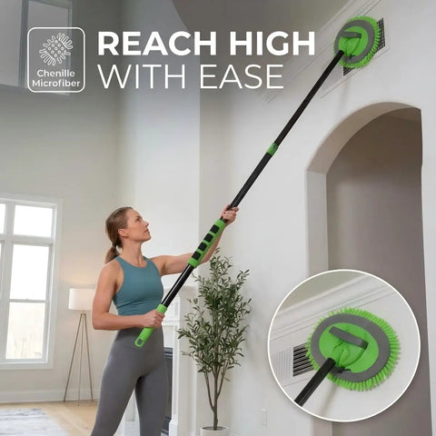 Using Long Handle Car Wash Brush Kit With Microfiber Mop Mitt for high indoor cleaning, showing flexible head in action.