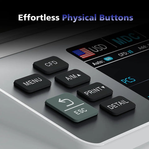 Close-up of buttons on Money Counter Machine For Mixed Denominations With Dual Display And Counterfeit Detection Using UV IR MG And DD