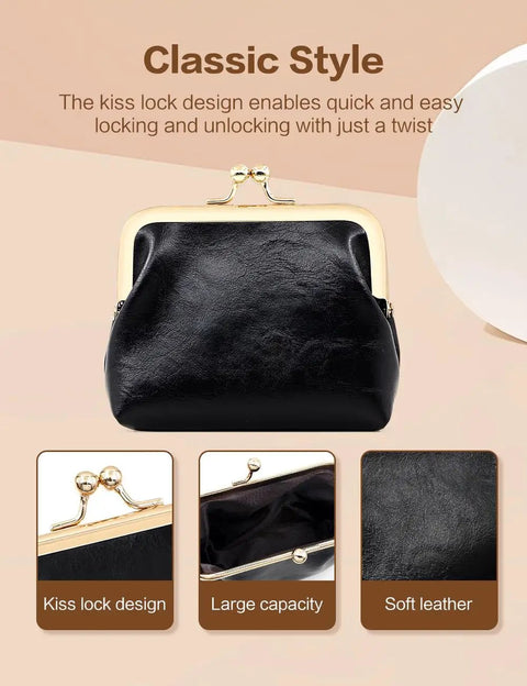 Totally Adorable Vintage Coin Purse For Women Super Chic Mini Leather Change Pouch With Secure Kiss Lock Clasp, black soft leather wallet.