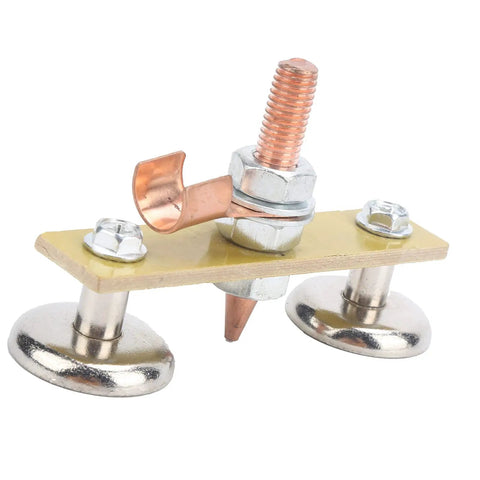 Heavy Duty Welding Magnet Ground Clamp With 4mm Insulated Iron Head Spotter Connector on a metal base for secure attachment.