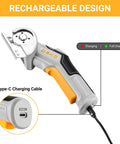 DEKOPRO 4v Cordless Electric Scissors With Safety Lock Cardboard Cutter For Leather Plastic Canvas And Carpet Type C Rechargeable Blade Set Gray shown with Type-C charging port.