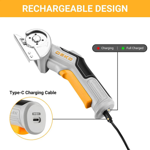 DEKOPRO 4v Cordless Electric Scissors With Safety Lock Cardboard Cutter For Leather Plastic Canvas And Carpet Type C Rechargeable Blade Set Gray shown with Type-C charging port.