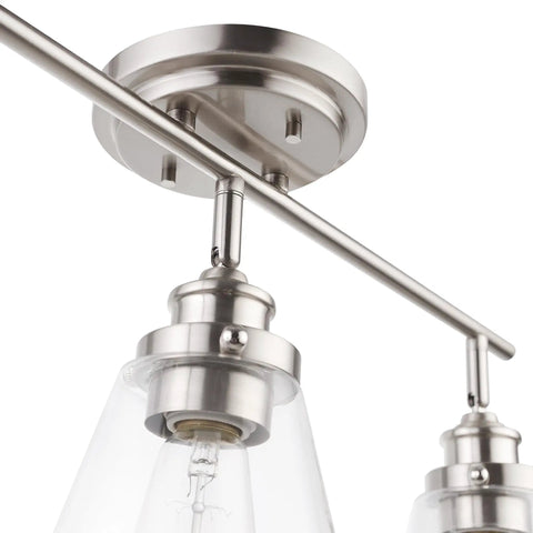 Vintage Inspired Dope Brushed Nickel Three Light Track Lighting With Pivoting Heads And Clear Glass Shades Ceiling Mount Detail