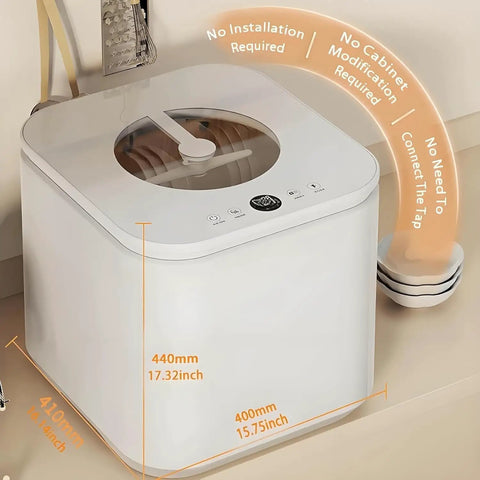 Sleek Countertop Dishwasher With Automatic Sterilization And Snazzy Touchscreen Panel For Tiny Kitchens And Apartments on counter.