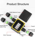 Diagram of Rugged Outdoor IP68 Waterproof Three Way M25 Junction Box with labeled parts and connectors for underground cables.