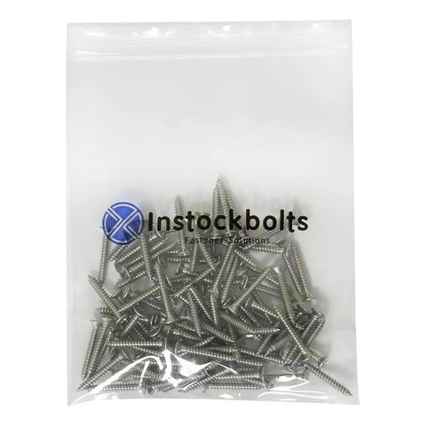 Built Like A Tank Tough As Nails Size 8 X One Point Two Five Inch Flat Head Sheet Metal Screws in clear bag.