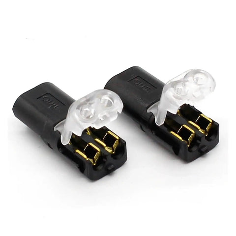 10 Pack 2 Way Spring Wire Connectors No Solder No Screws Quick Cable Clamp Terminal Blocks for 18-24 AWG Wire, 300V, 10A, close-up view.