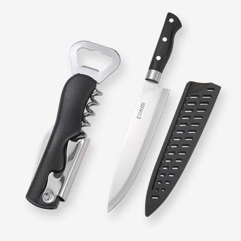 Ultimate Outdoor Camp Kitchen Utensils Set With Fork Spoon Knife Cutting Board Spatula Scissors Corkscrew Pepper Shaker Kebabs And Dope Storage Bag For Backpacking Hiking Campfire Cookouts featuring stainless steel knife and corkscrew.