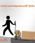 Heavy Duty Electric Pallet Jack Loader With 3300 Lbs Capacity used on 8° climbs, showing operator maneuvering in warehouse.