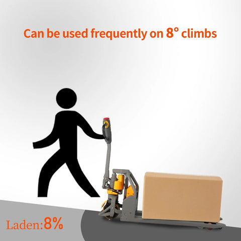 Heavy Duty Electric Pallet Jack Loader With 3300 Lbs Capacity used on 8° climbs, showing operator maneuvering in warehouse.