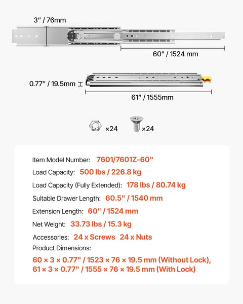Diagram of Beefy 60 Inch Heavy Duty Drawer Slides With Locking Full Extension Side Mount Ball Bearing Rails, dimensions labeled