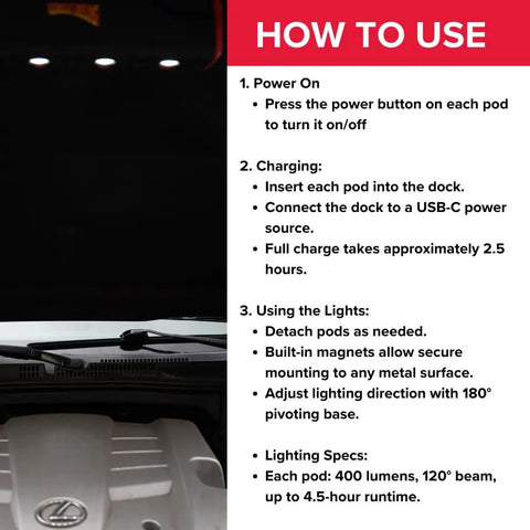 Instructions for using Epic 1400 Lumen Modular Work Light With Detachable LED Pods Base Brightness 700 Lumen Plus Two Pods.