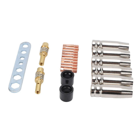 Fafeicy 21 Piece Welding Accessory Kit With Brass Gas Nozzles And 0.8mm Contact Tips For Mig Welding Torch detailing brass nozzles and contact tips.